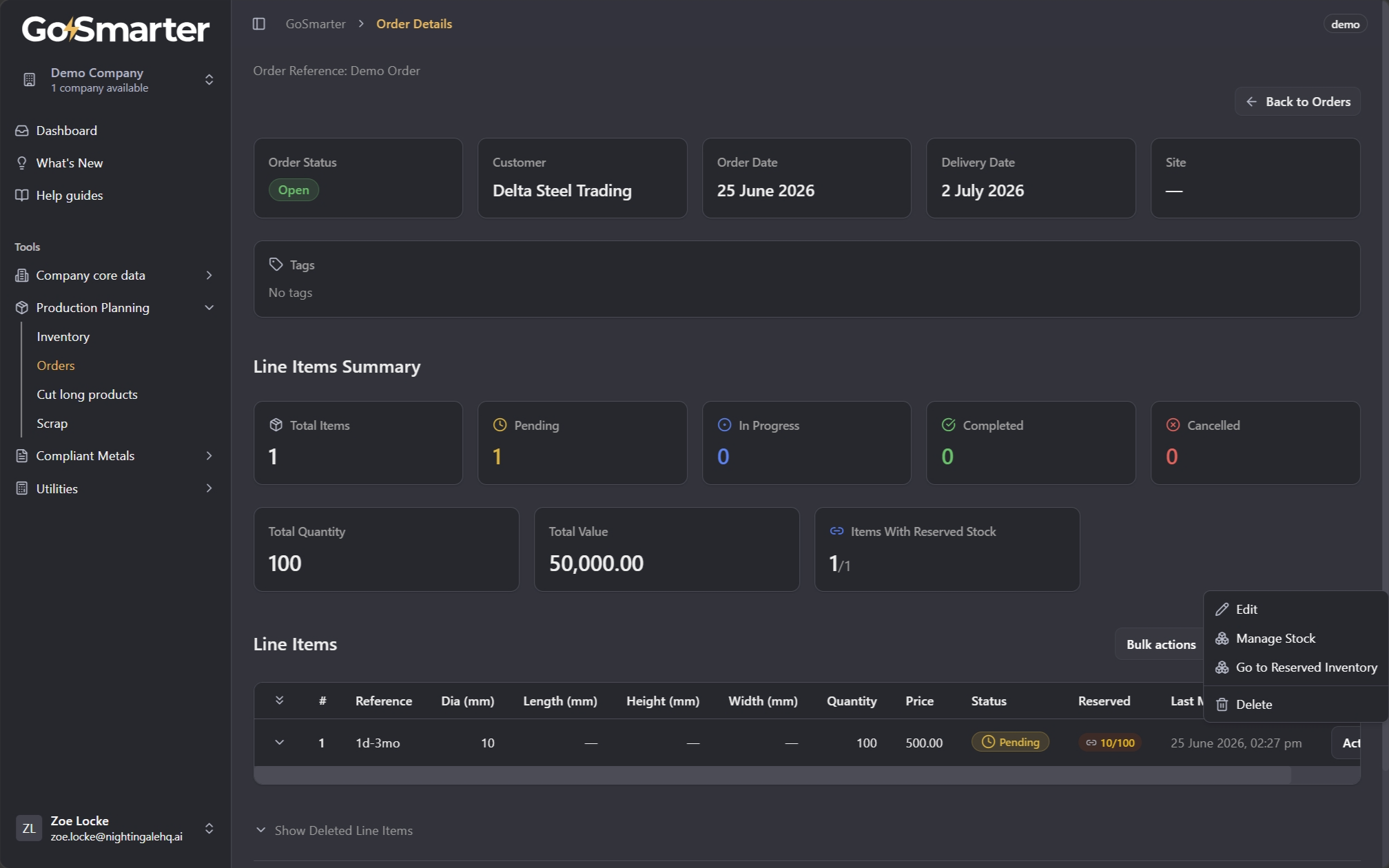 Line item Actions menu with Go to Reserved Inventory now active after a reservation has been made