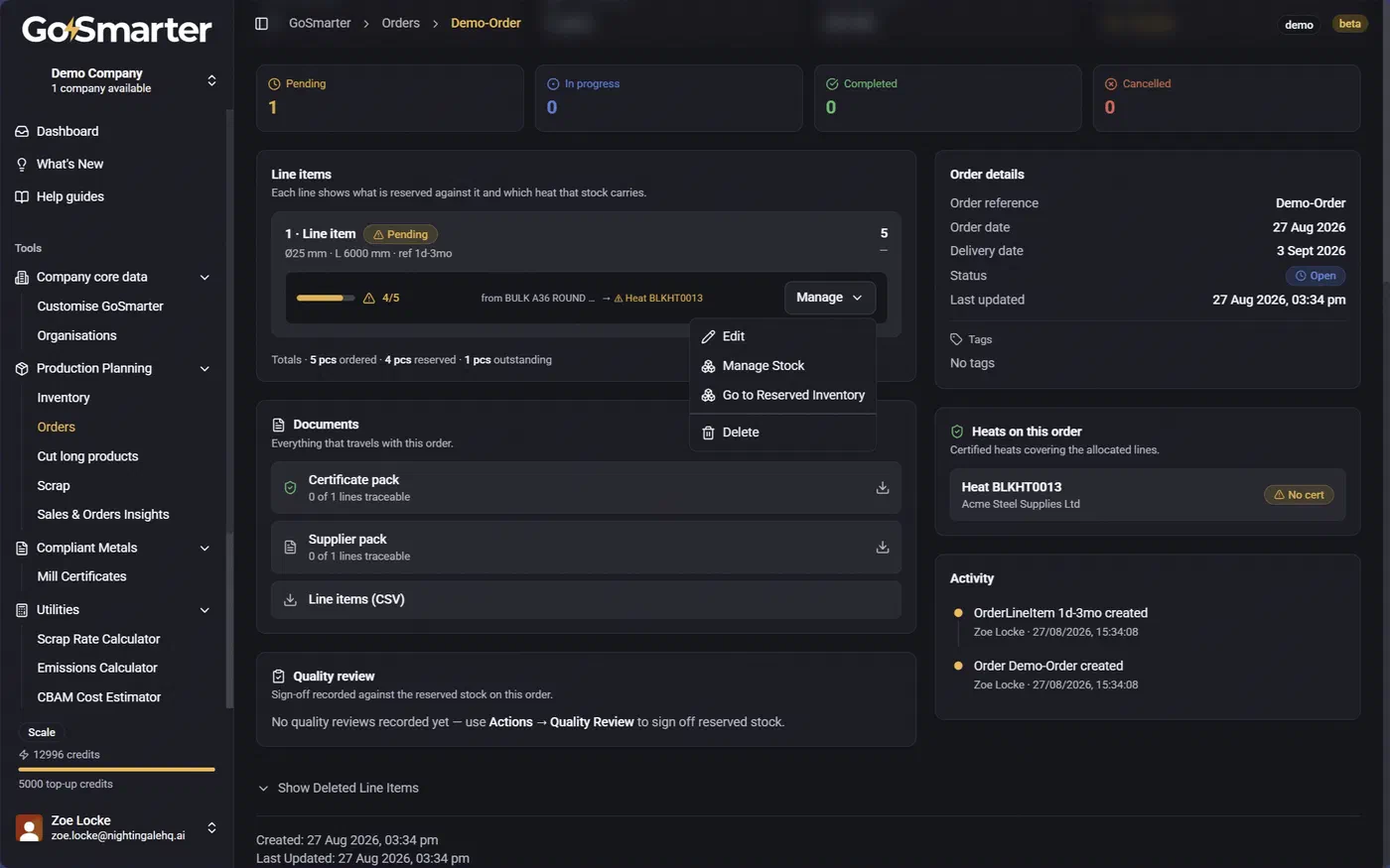 Line item Actions menu with Go to Reserved Inventory now active after a reservation has been made
