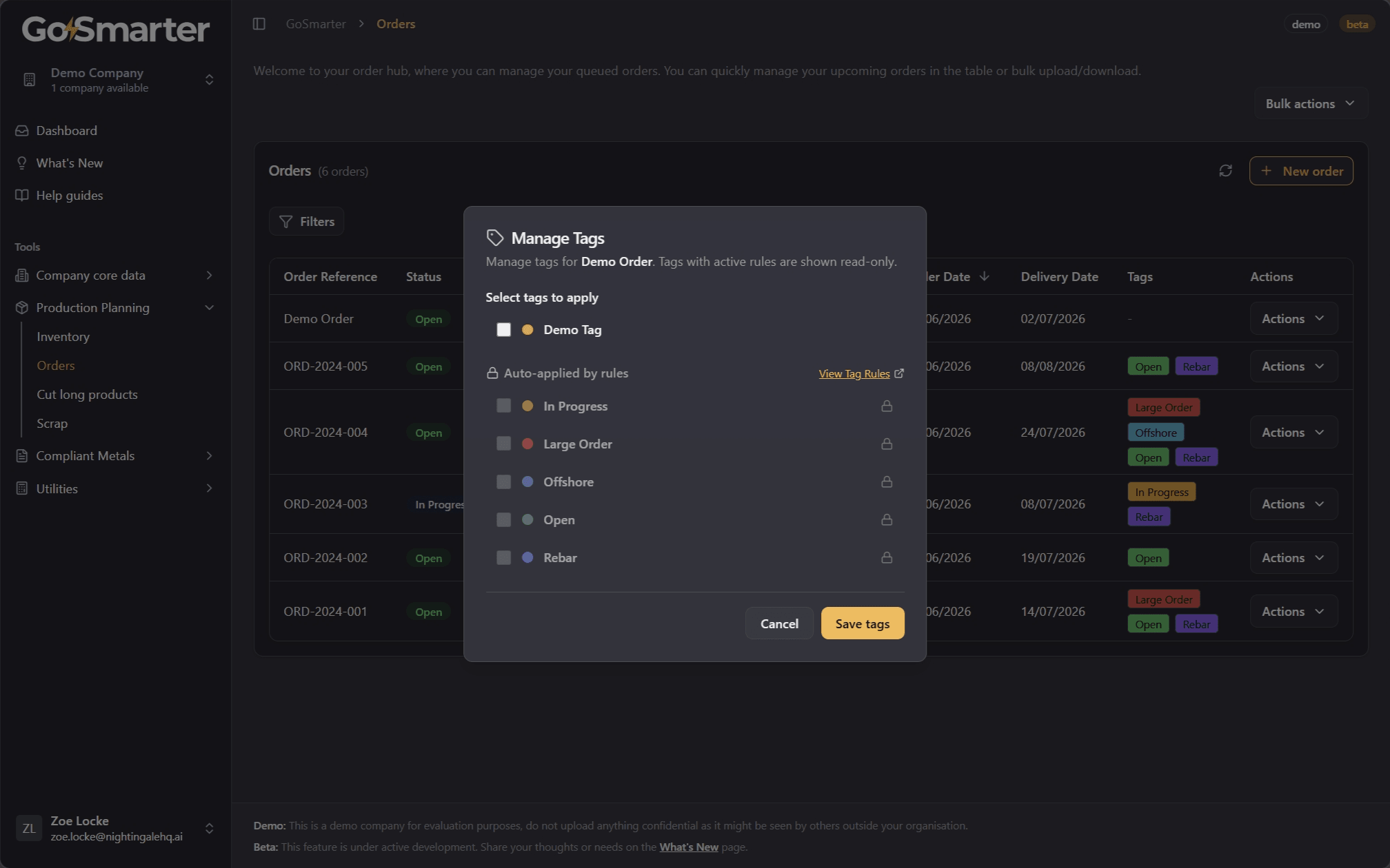 Manage Tags window showing auto-tags and toggleable manual tags for the selected order