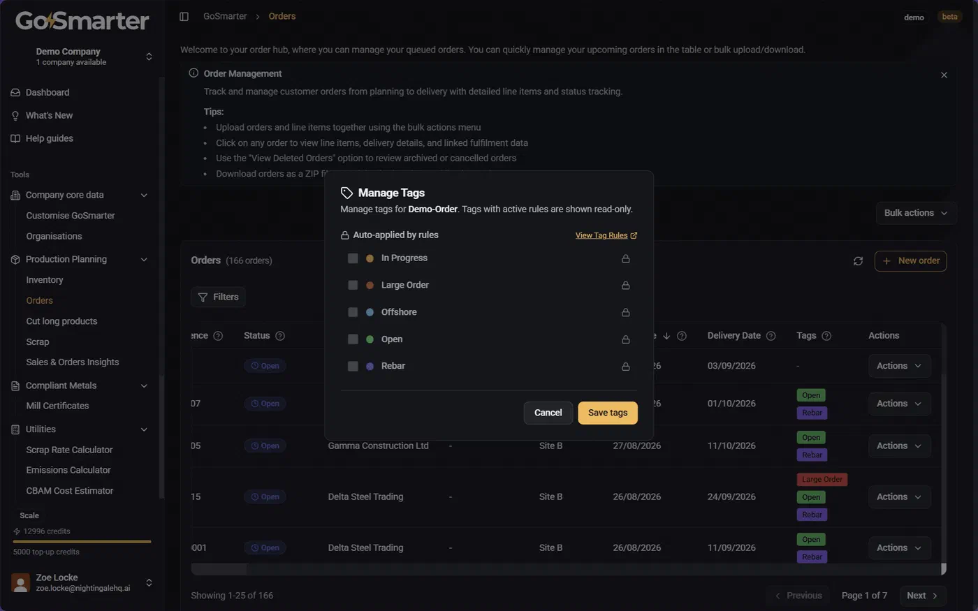 Manage Tags window showing auto-tags and toggleable manual tags for the selected order