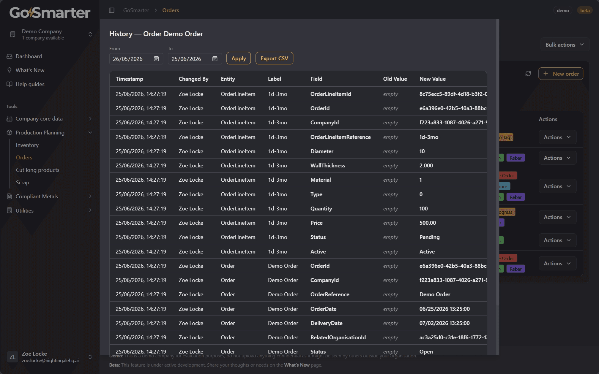 Order audit history view showing a chronological log of all changes made to the order