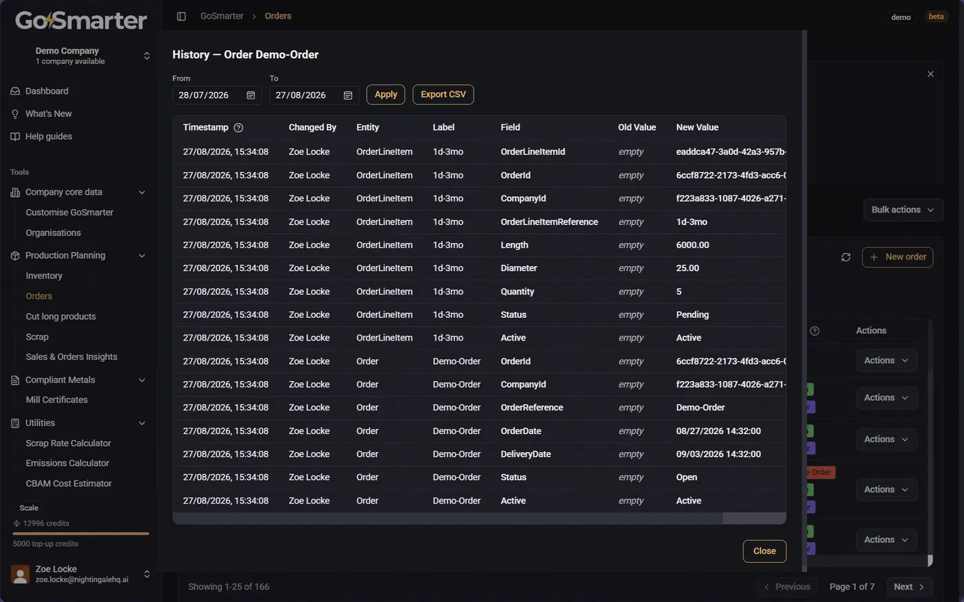 Order audit history view showing a chronological log of all changes made to the order