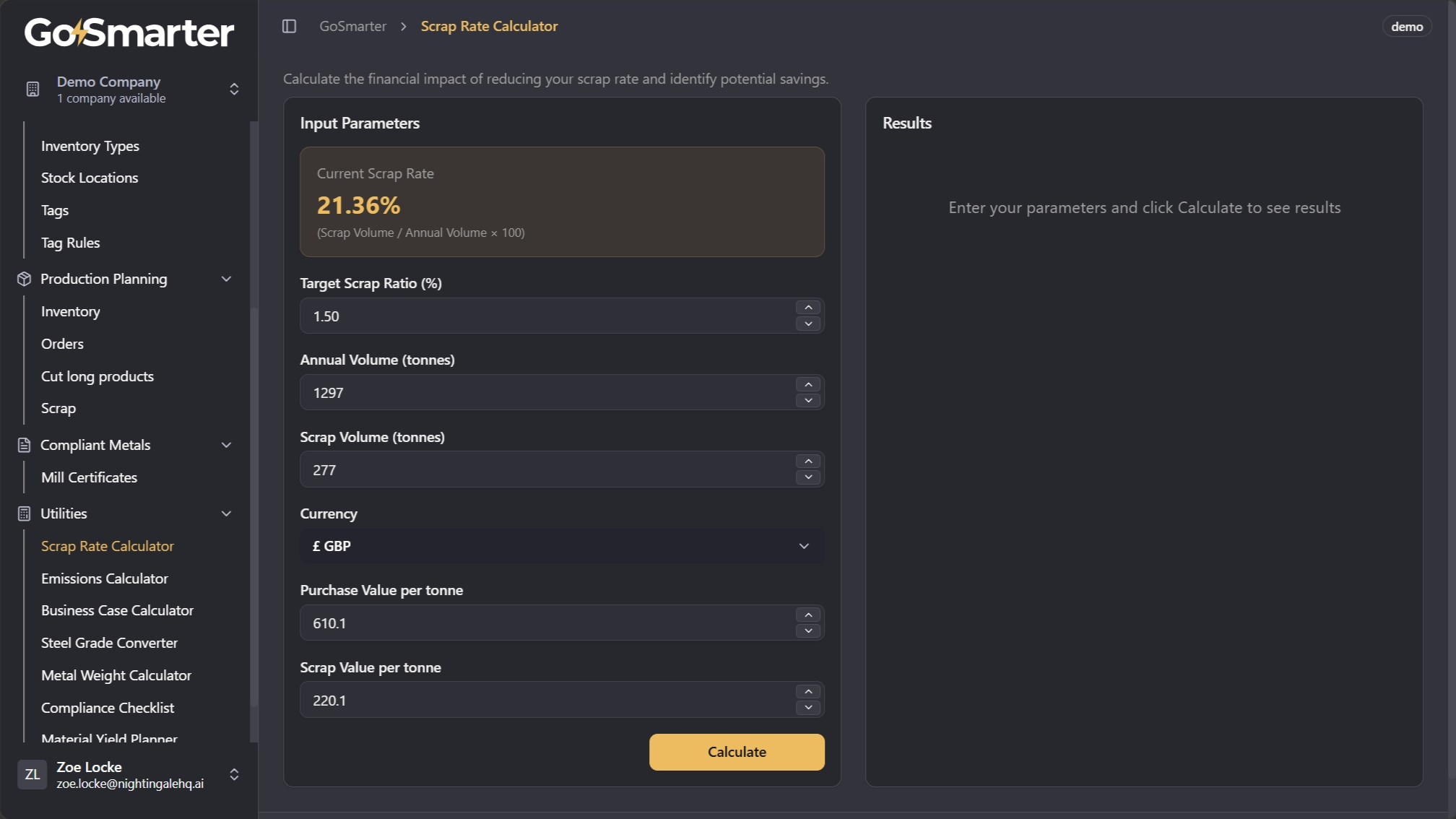 Scrap Rate Calculator input panel and calculate action