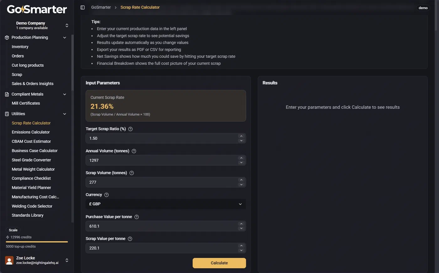 Scrap Rate Calculator input panel and calculate action