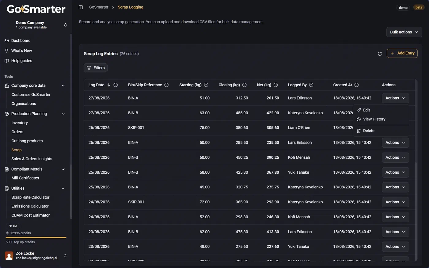 Actions menu for a scrap record