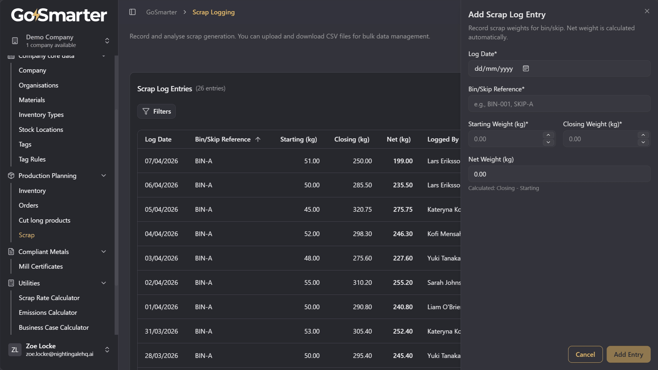 Add Entry window for creating a scrap record