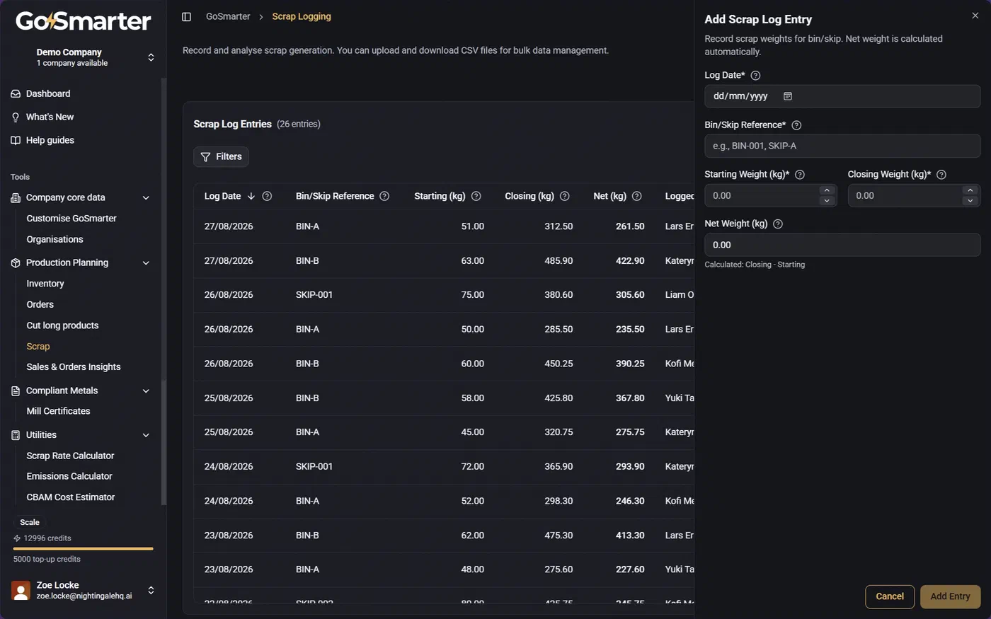 Add Entry window for creating a scrap record