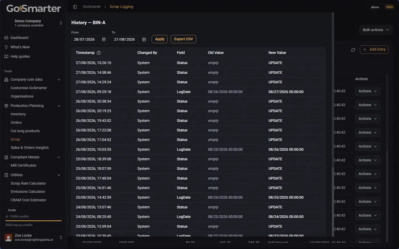 Record history view for scrap record changes
