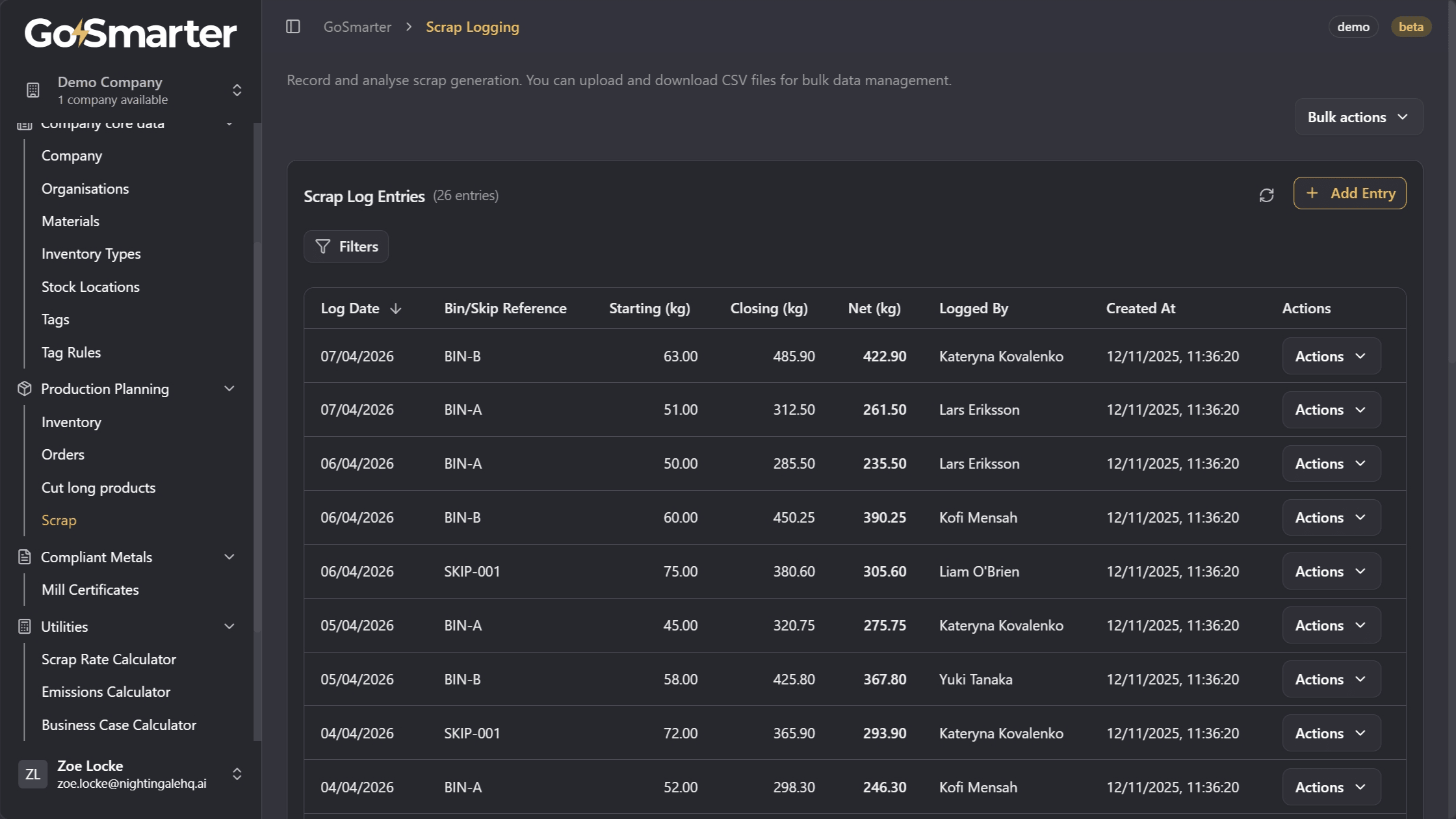 Scrap Management page in the Production Planning section