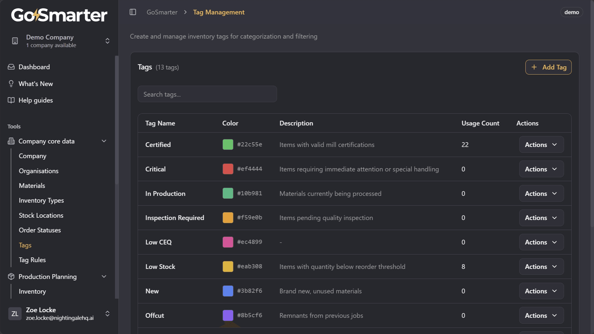 Tag Management table view in GoSmarter showing existing tags and controls