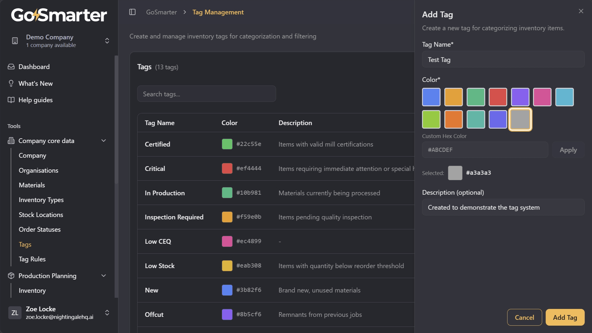 Add Tag panel with fields for tag details and colour selection