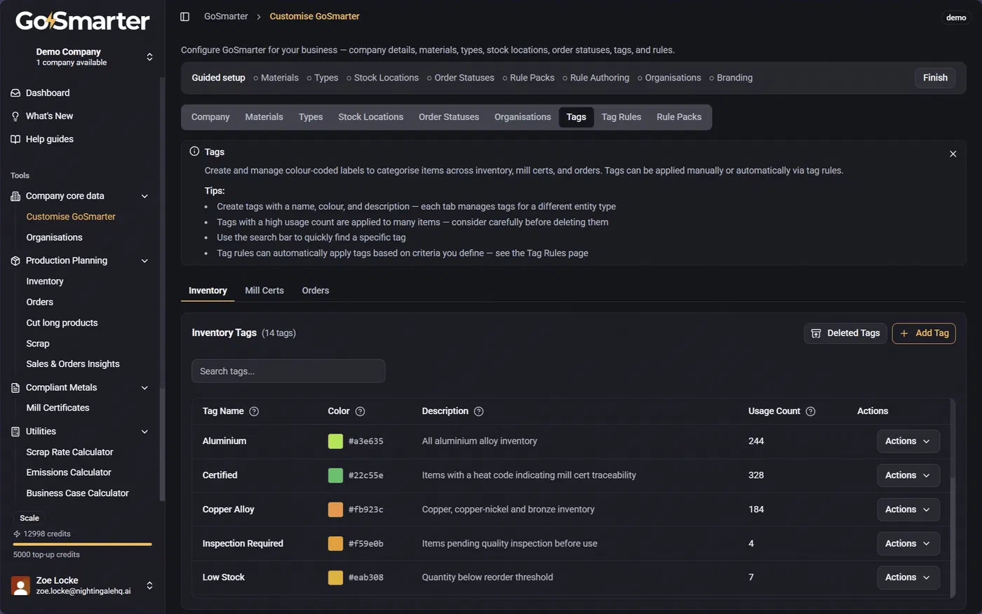 Tag Management page with tabs for Inventory, Mill Certificates, and Orders, showing existing tags and the Add Tag button