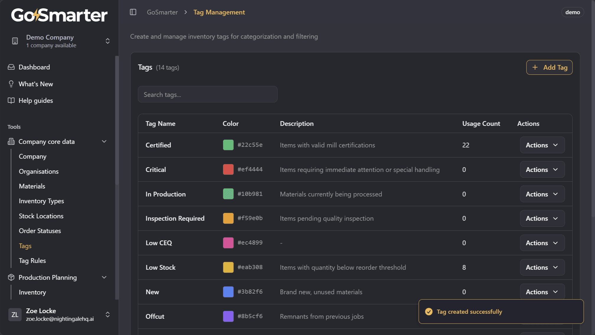 Confirmation notification after adding a new tag