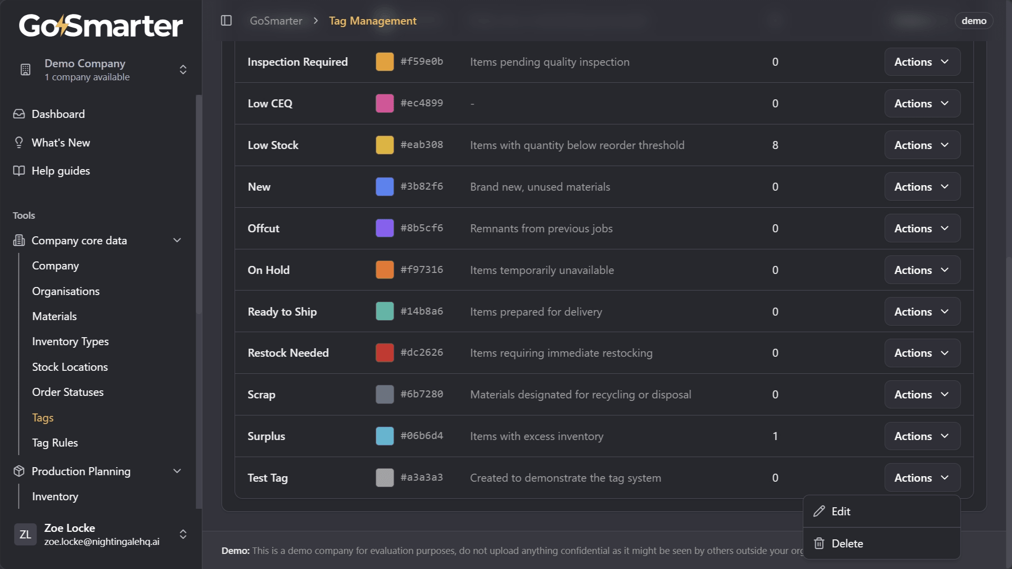 Actions menu for a tag row showing edit and delete options