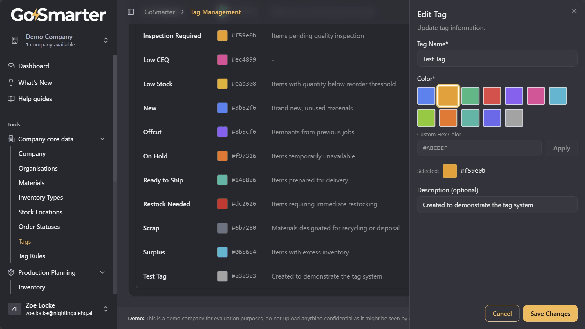 Edit Tag panel for updating tag details and colour