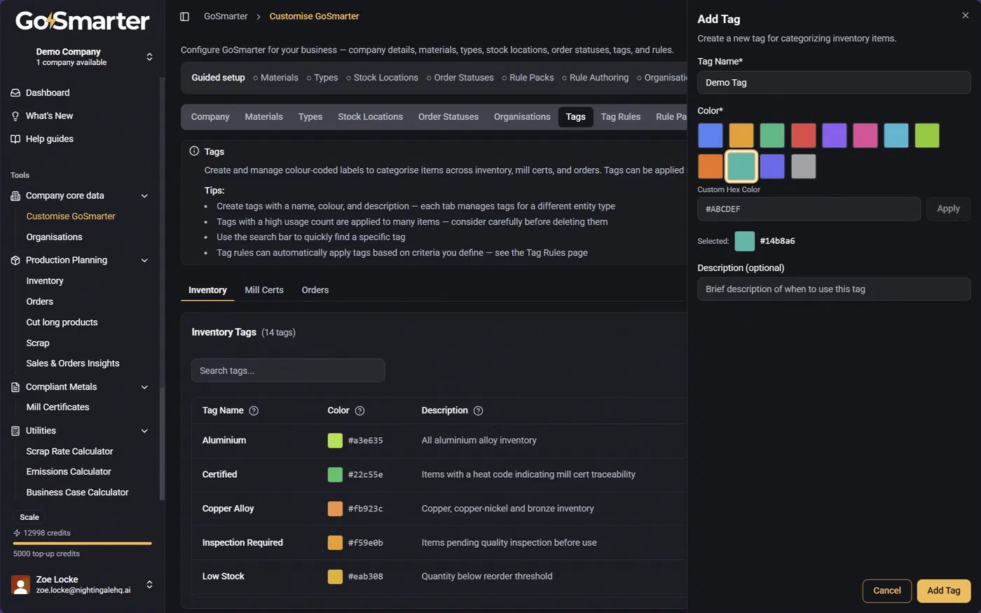 Add Tag panel with fields for tag details and colour selection