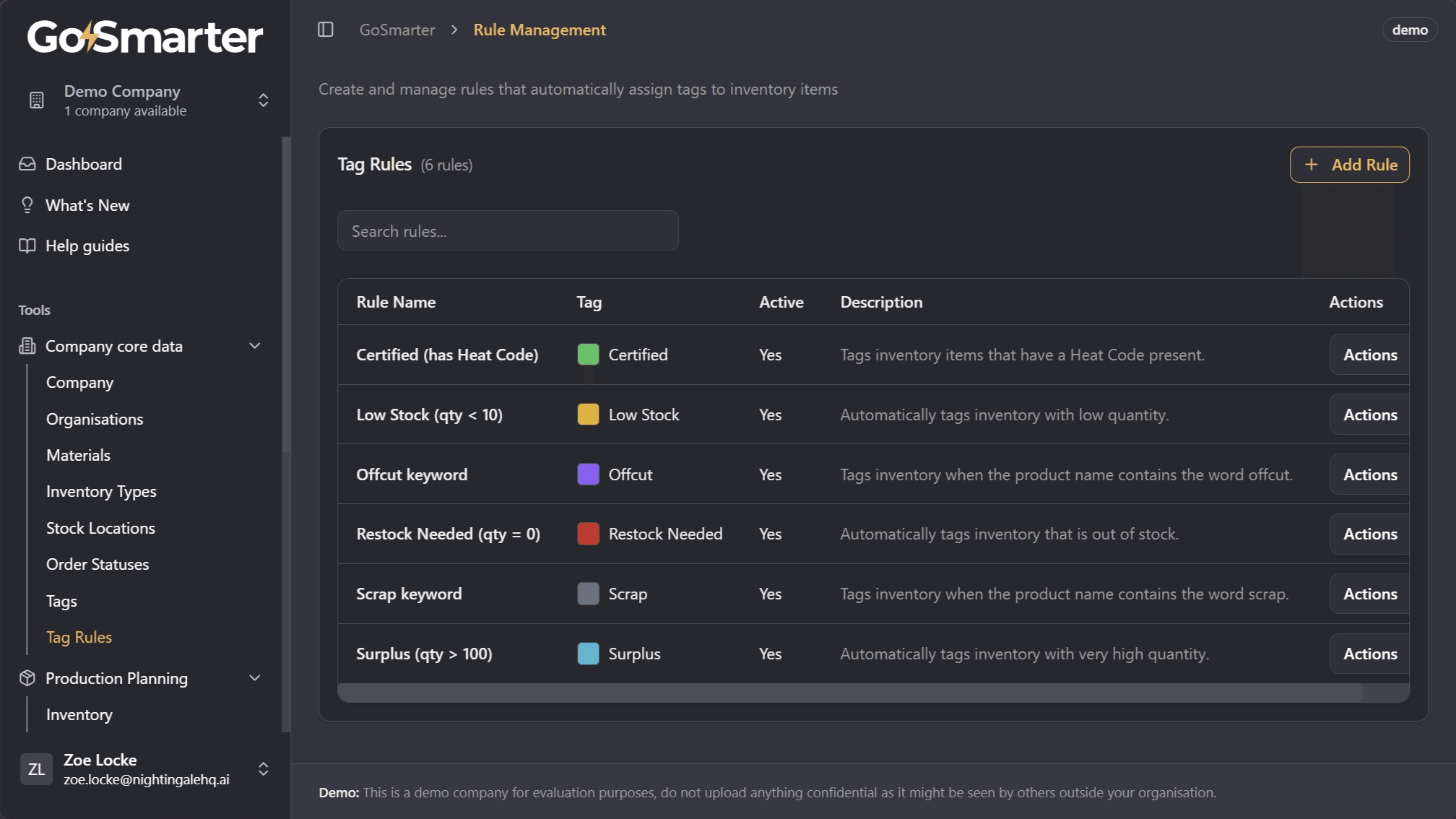 Tag Rules management table showing rule details