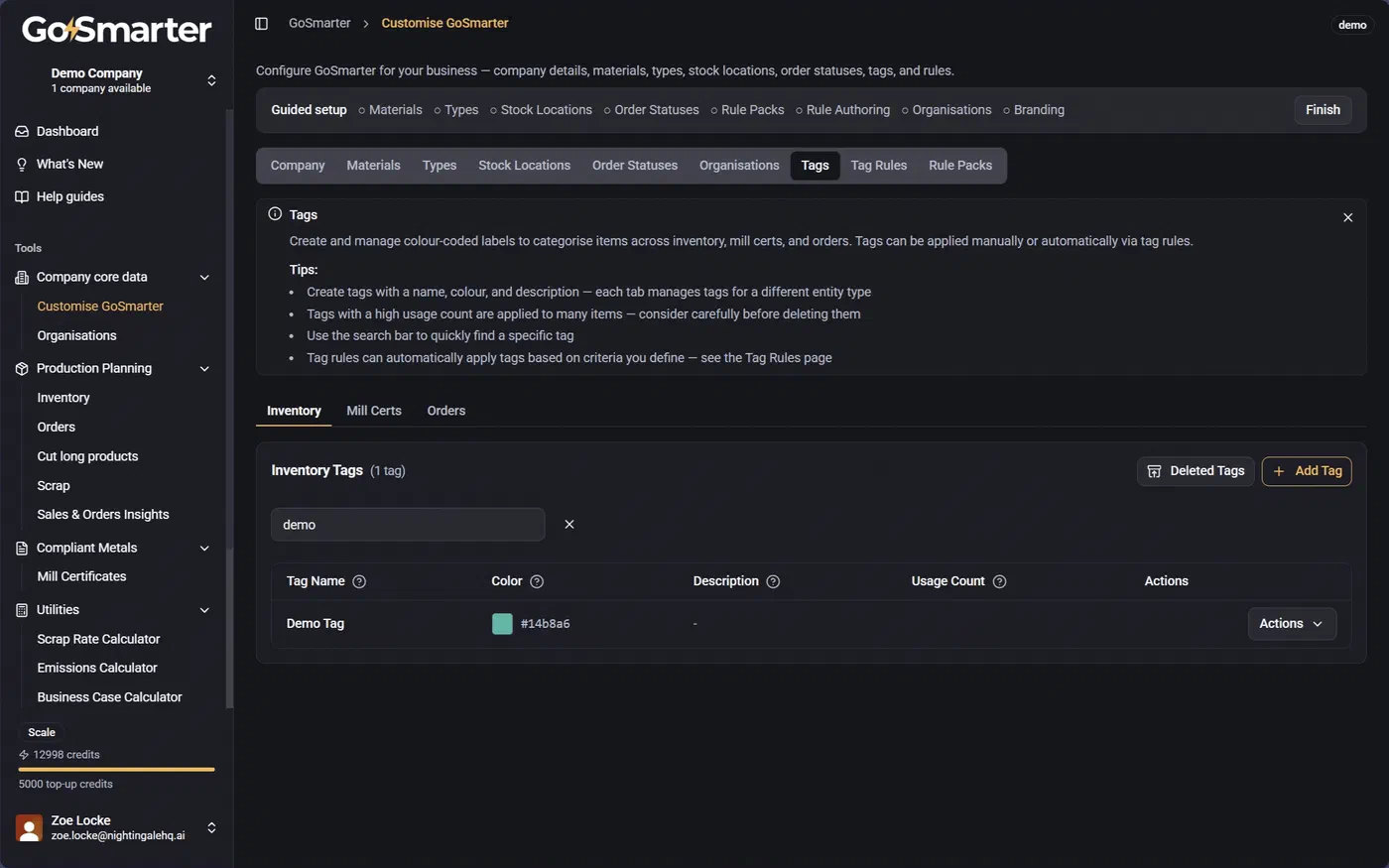 Tag Management data table with the tag search field used to find a created tag