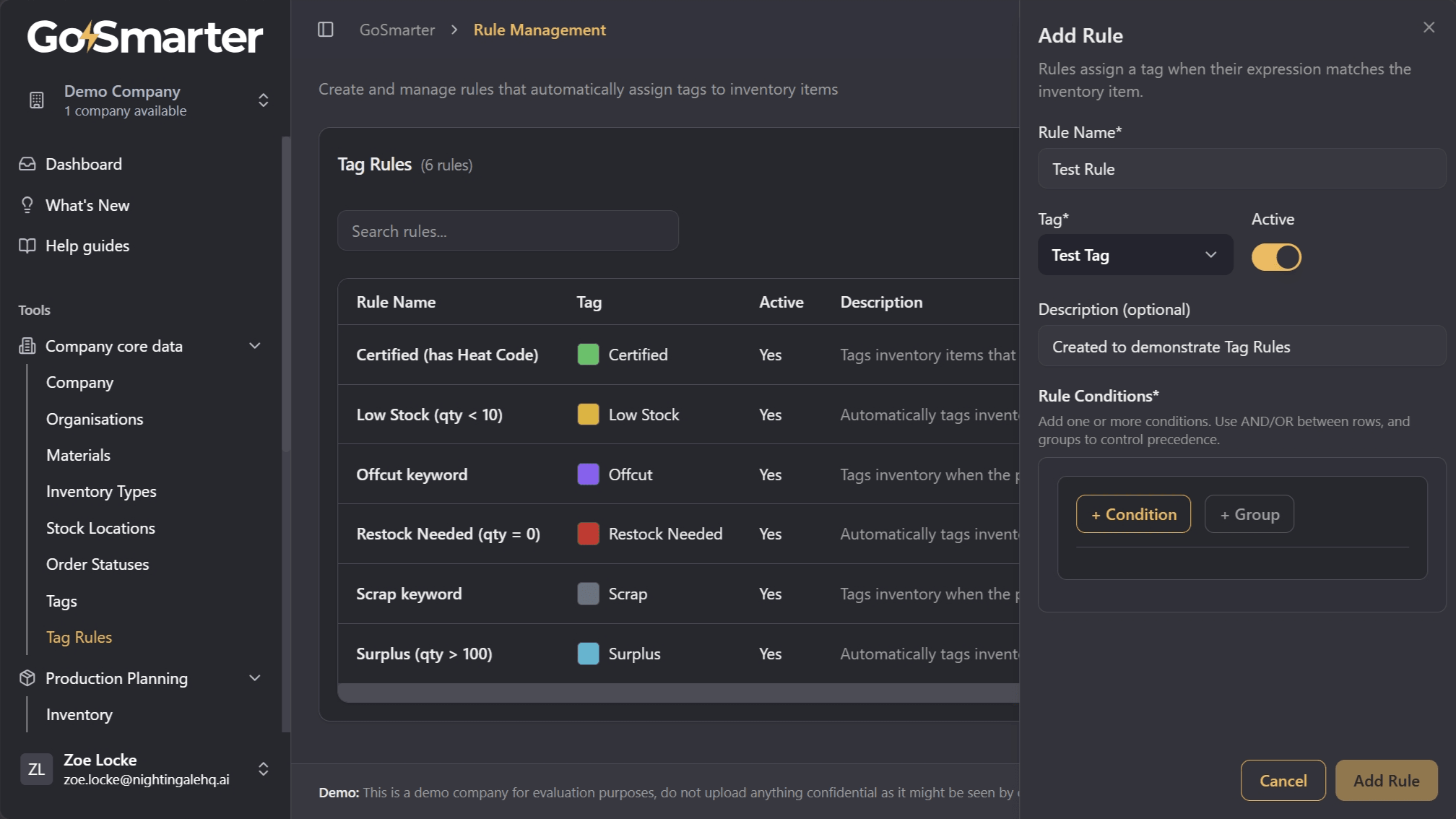 Add Rule panel with rule name, tag, active toggle, and description