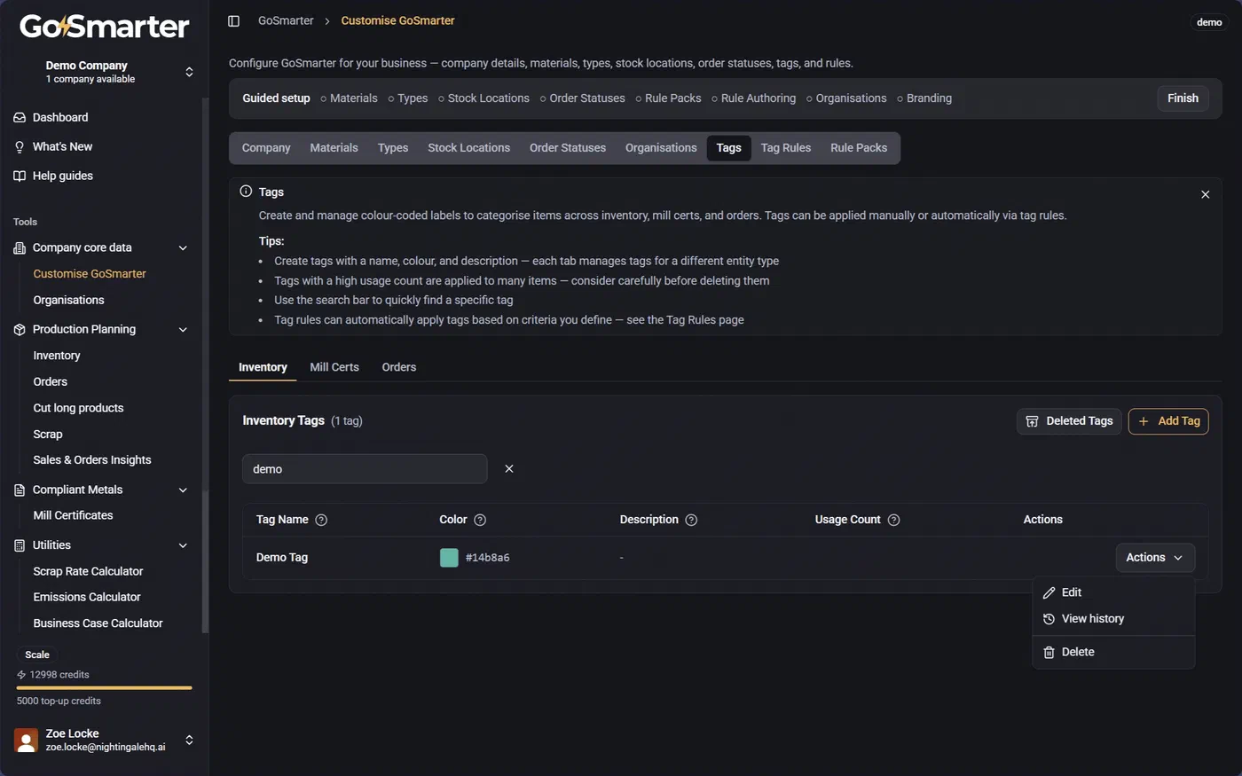 Tag Management data table showing a tag row's Actions menu with edit, history, and delete options