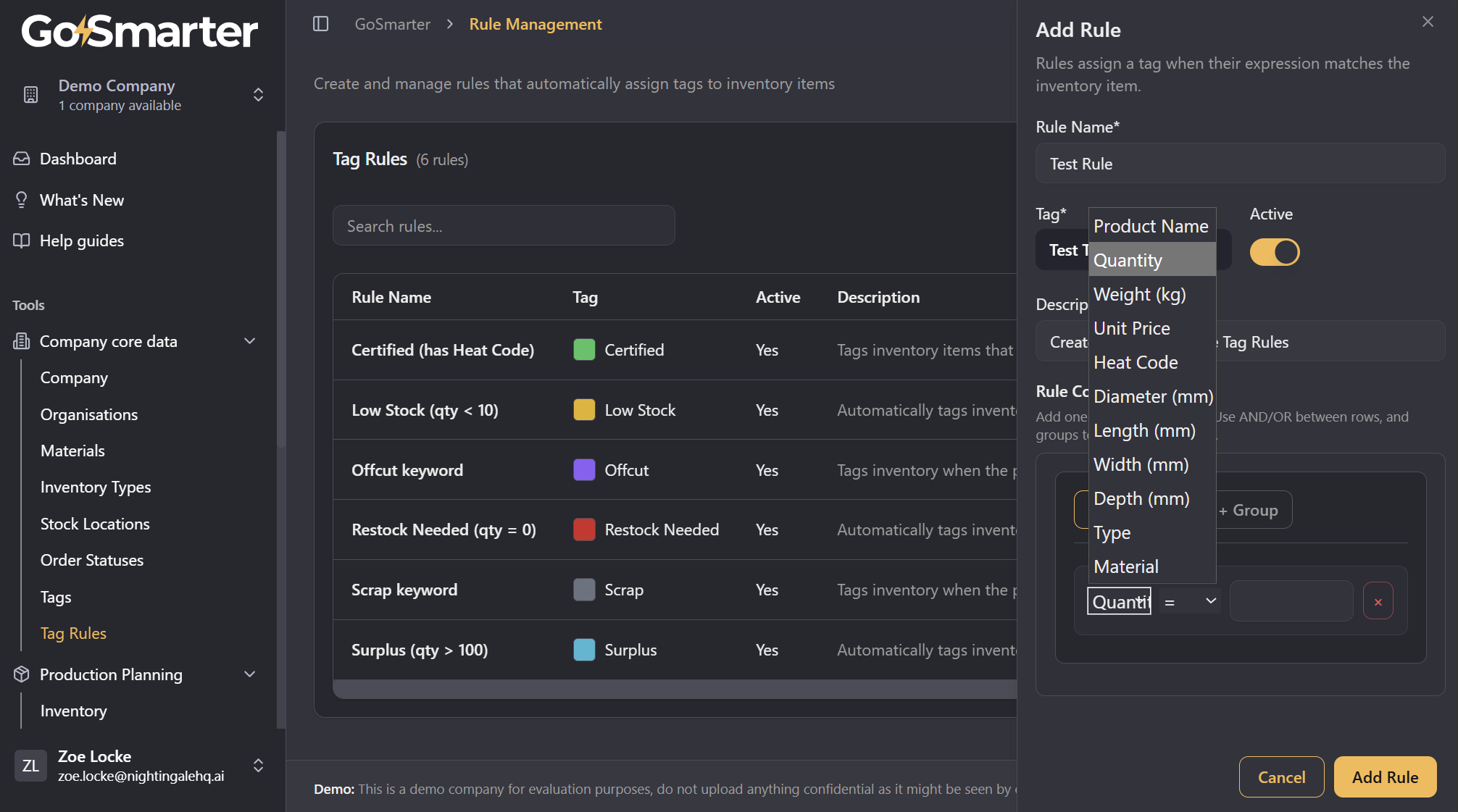 Rule condition builder with field selector