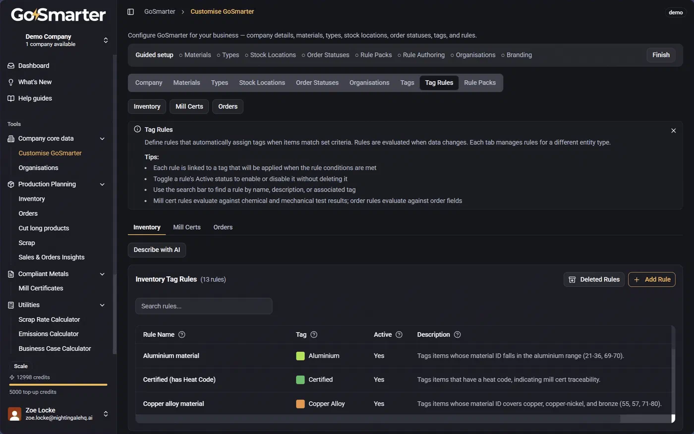 Tag Rules management page with type tabs and the Rule Management data table showing existing rules and the Add Rule button