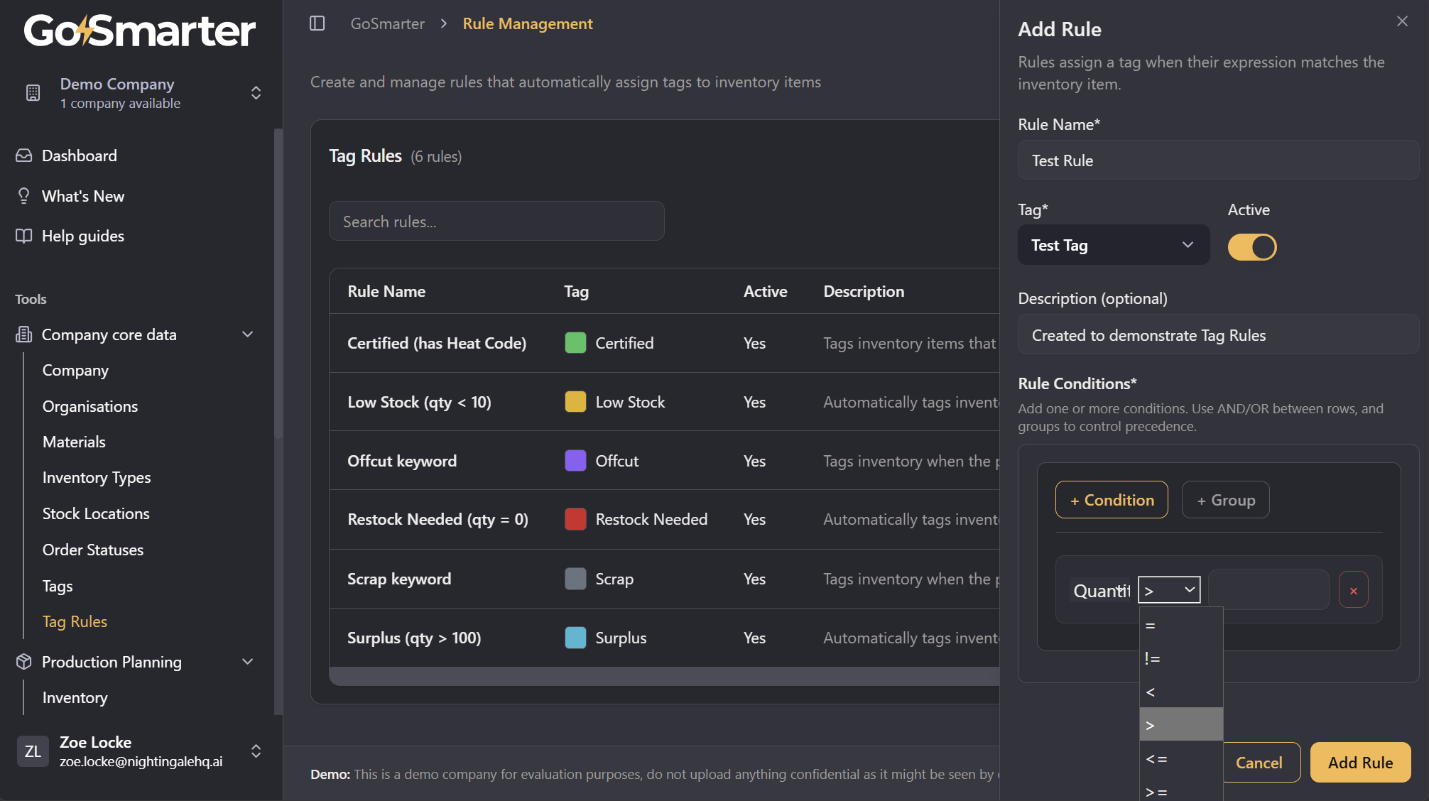 Rule condition builder with comparison operator selector