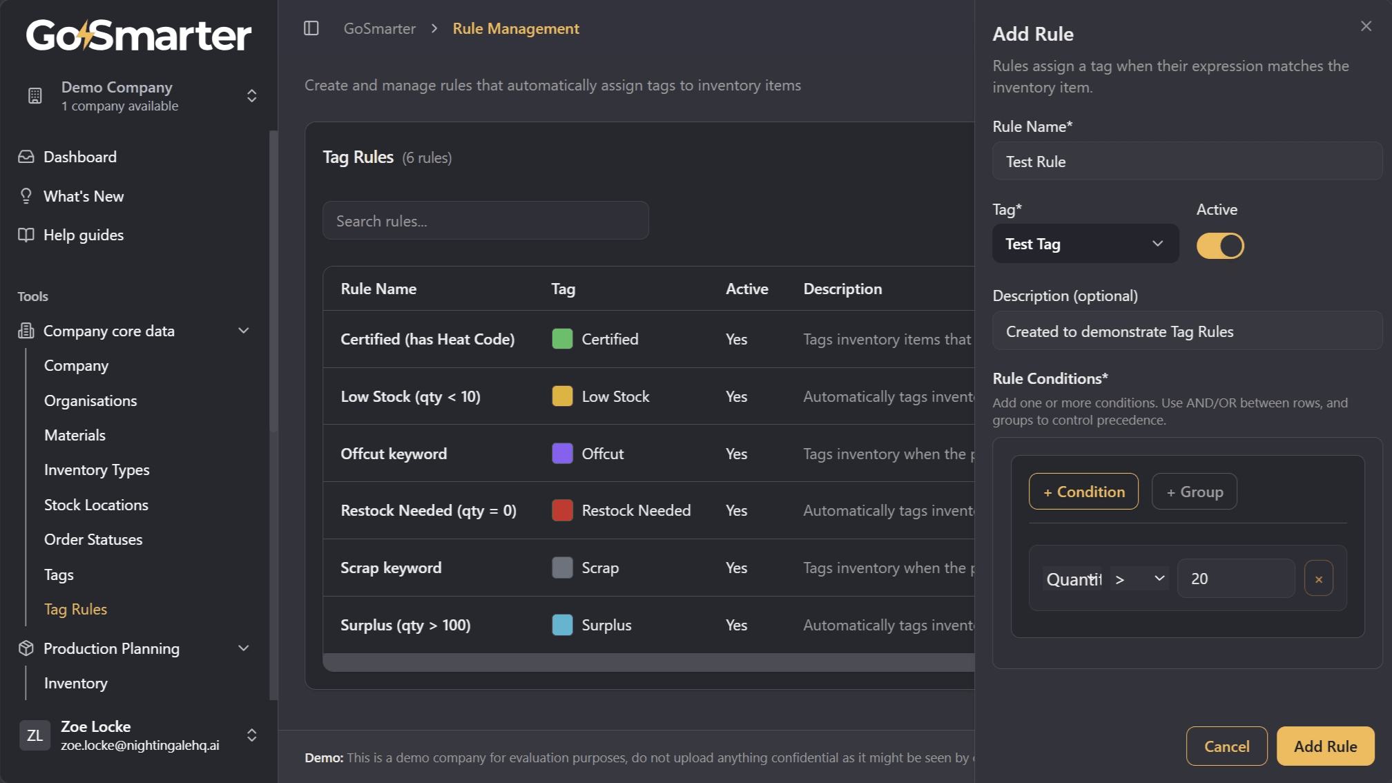 Rule condition builder with value input