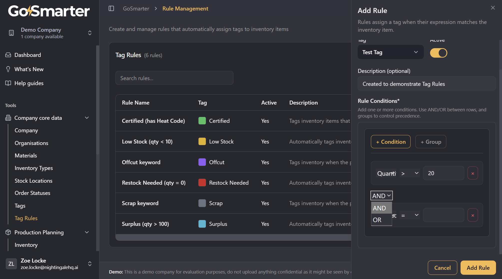 Rule condition links using AND and OR
