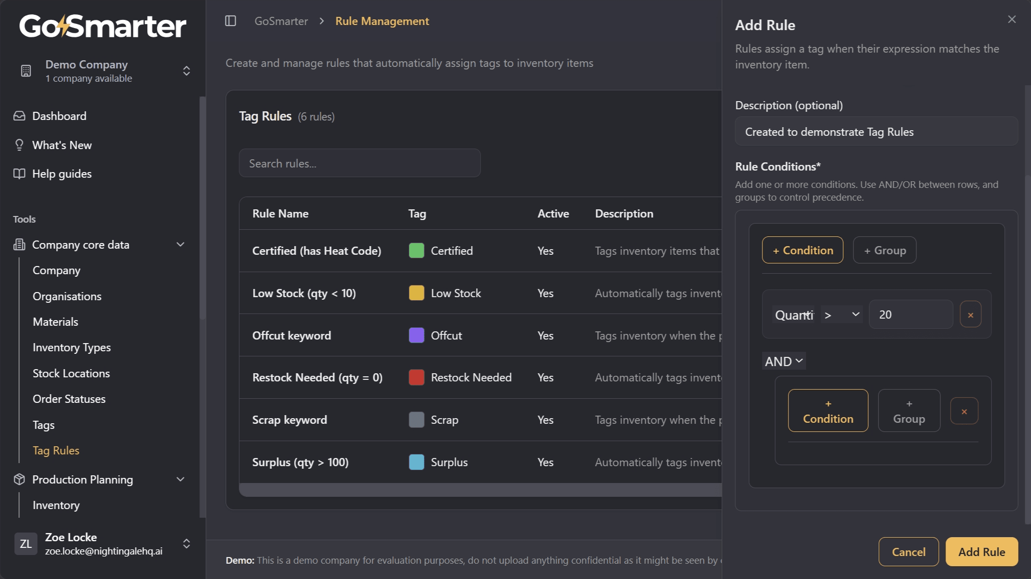Rule builder showing grouped conditions