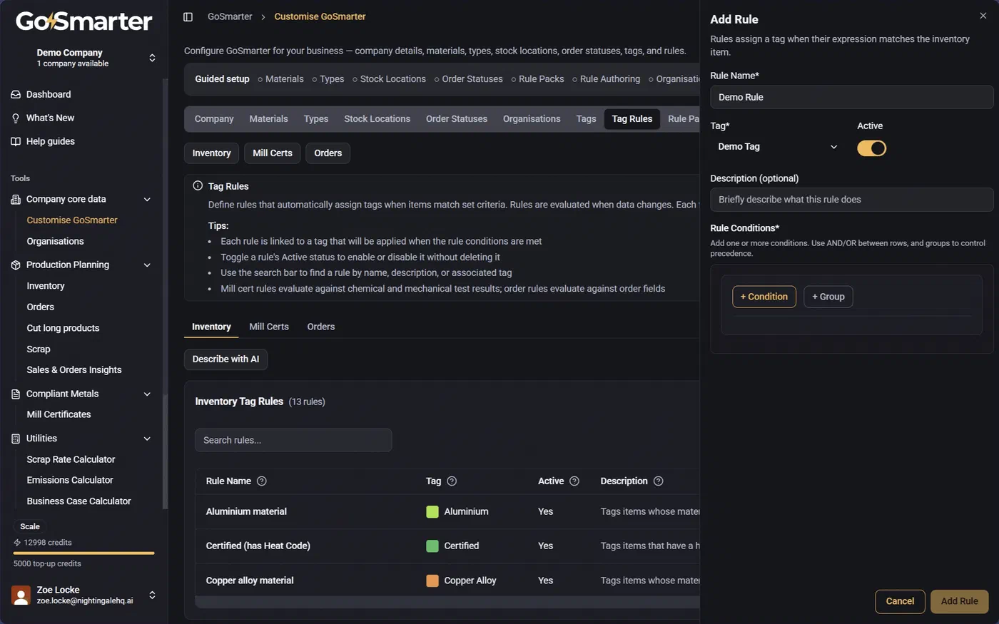 Add Rule panel with fields for rule name, tag, active status, and description