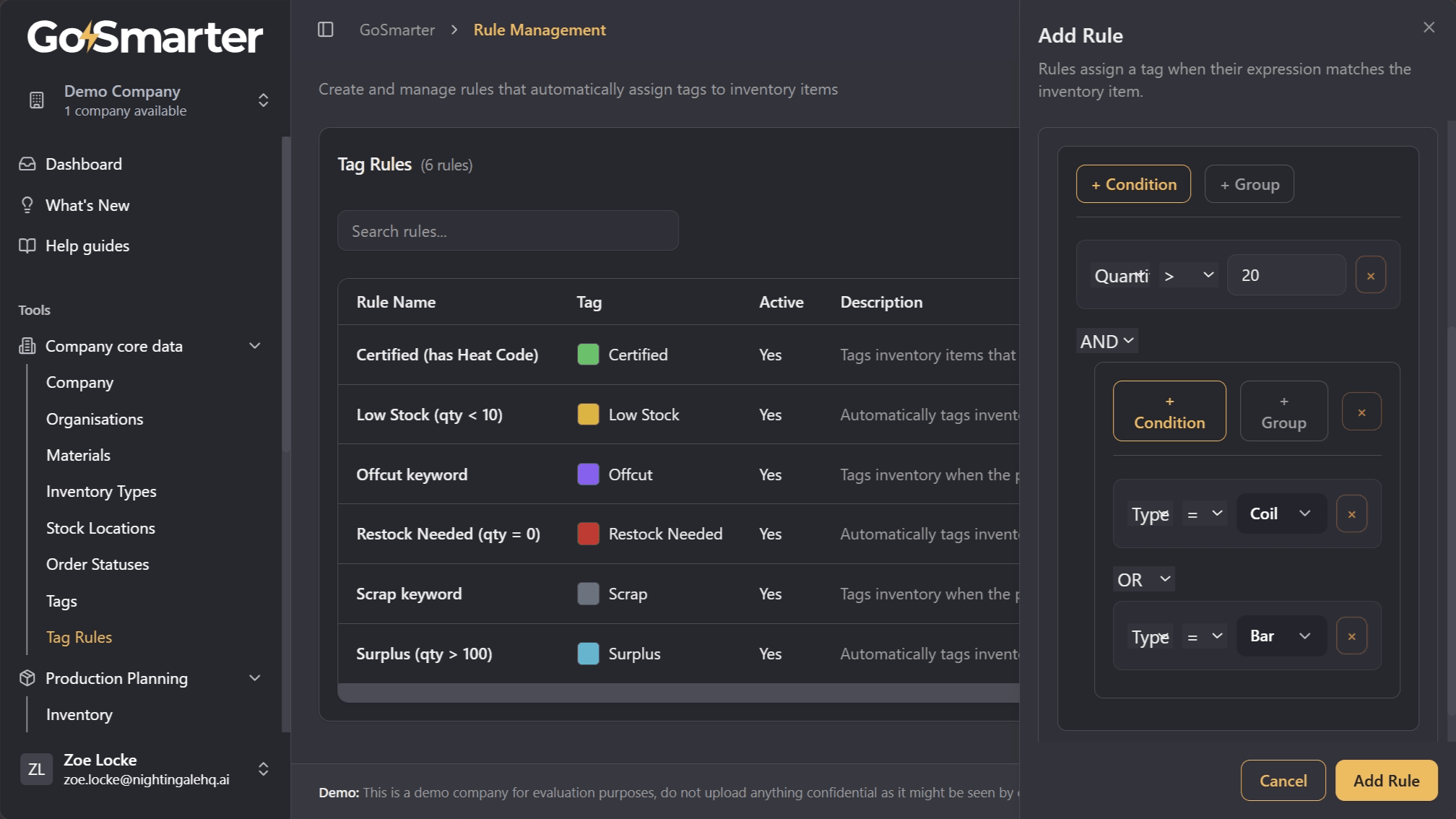 Completed grouped rule example for item type and quantity