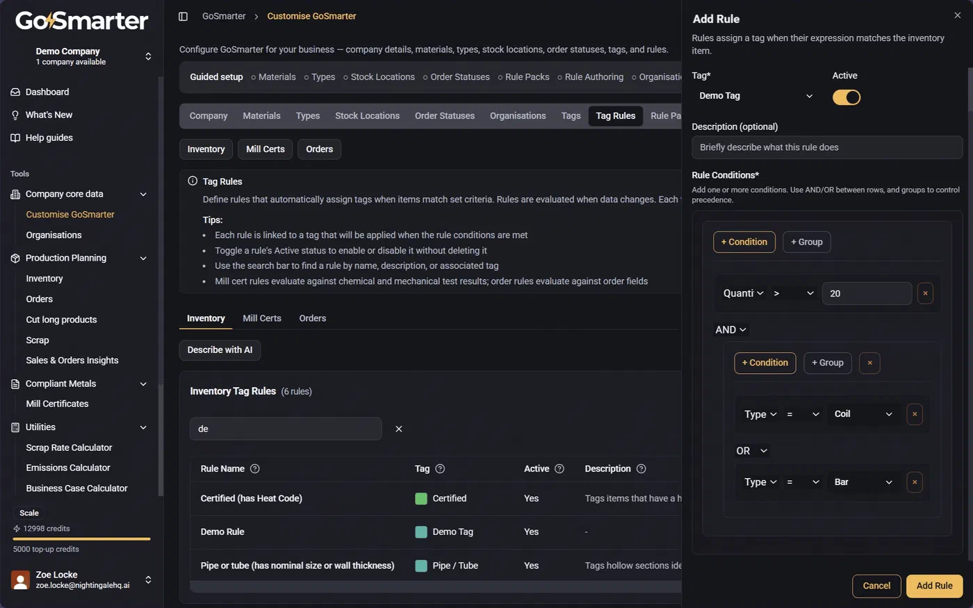 Rule Conditions form showing nested AND and OR grouped conditions for quantity and item type