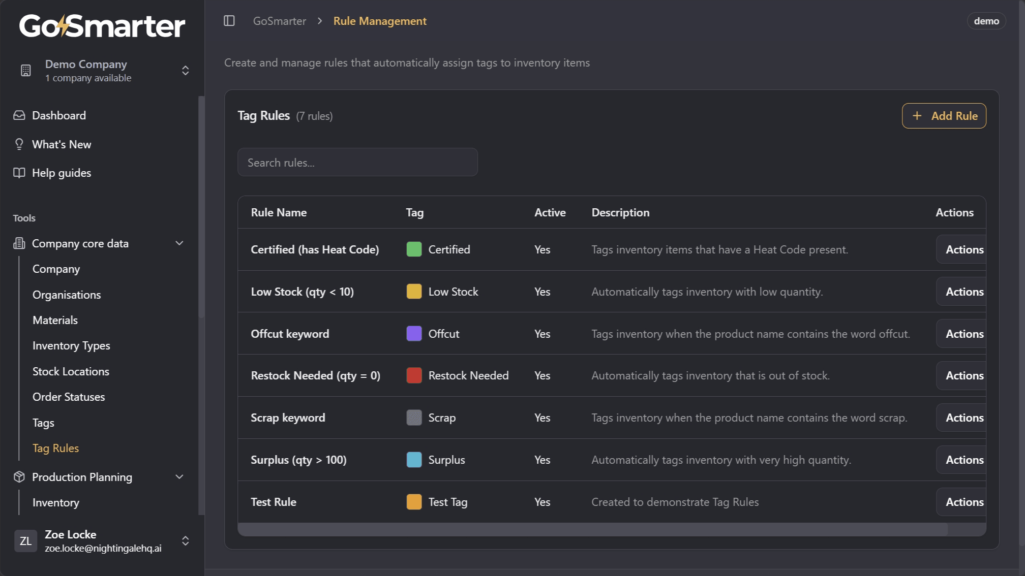 Rule Management table with the newly created tag rule