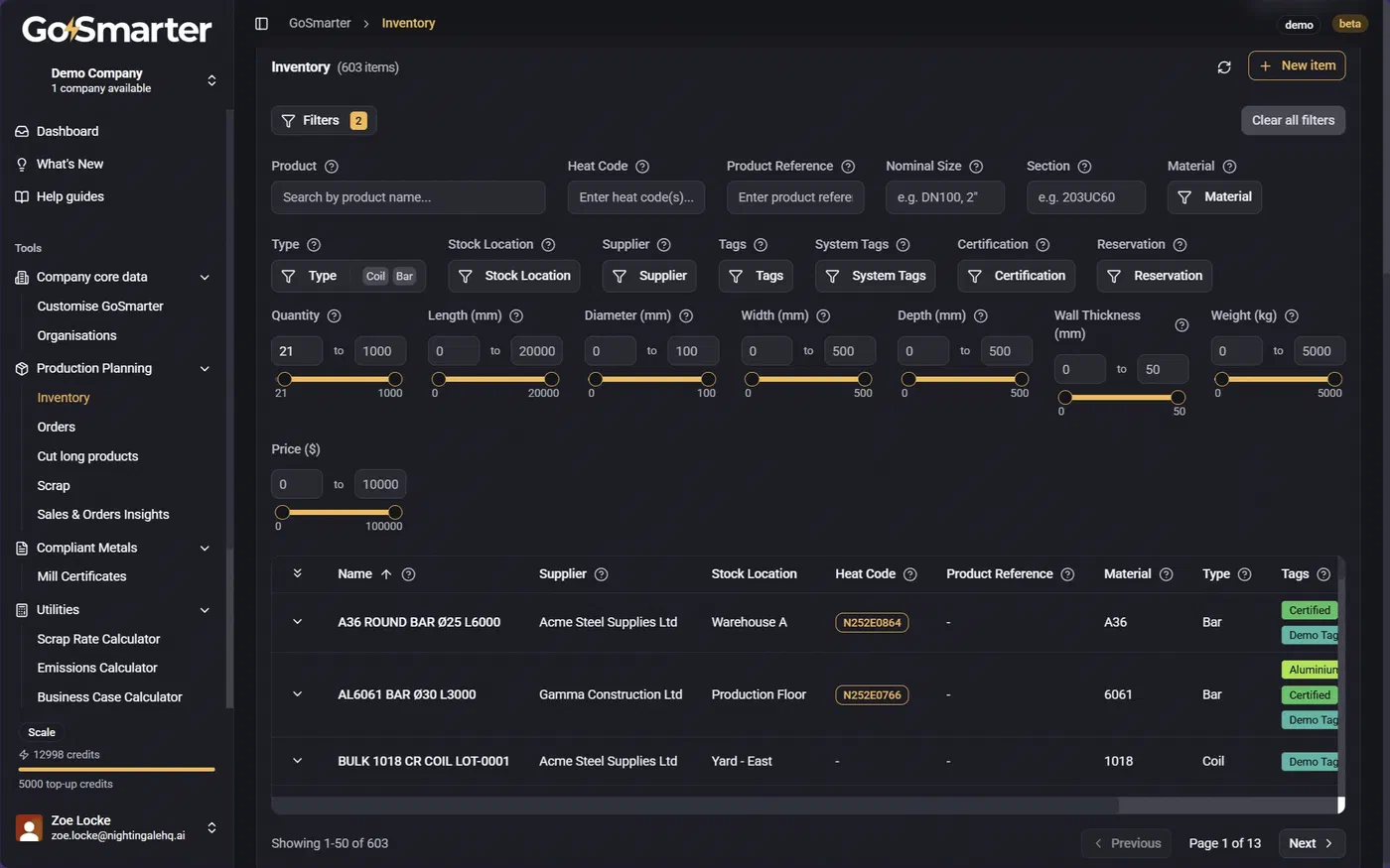 Inventory page with filters applied to find items affected by a tag rule