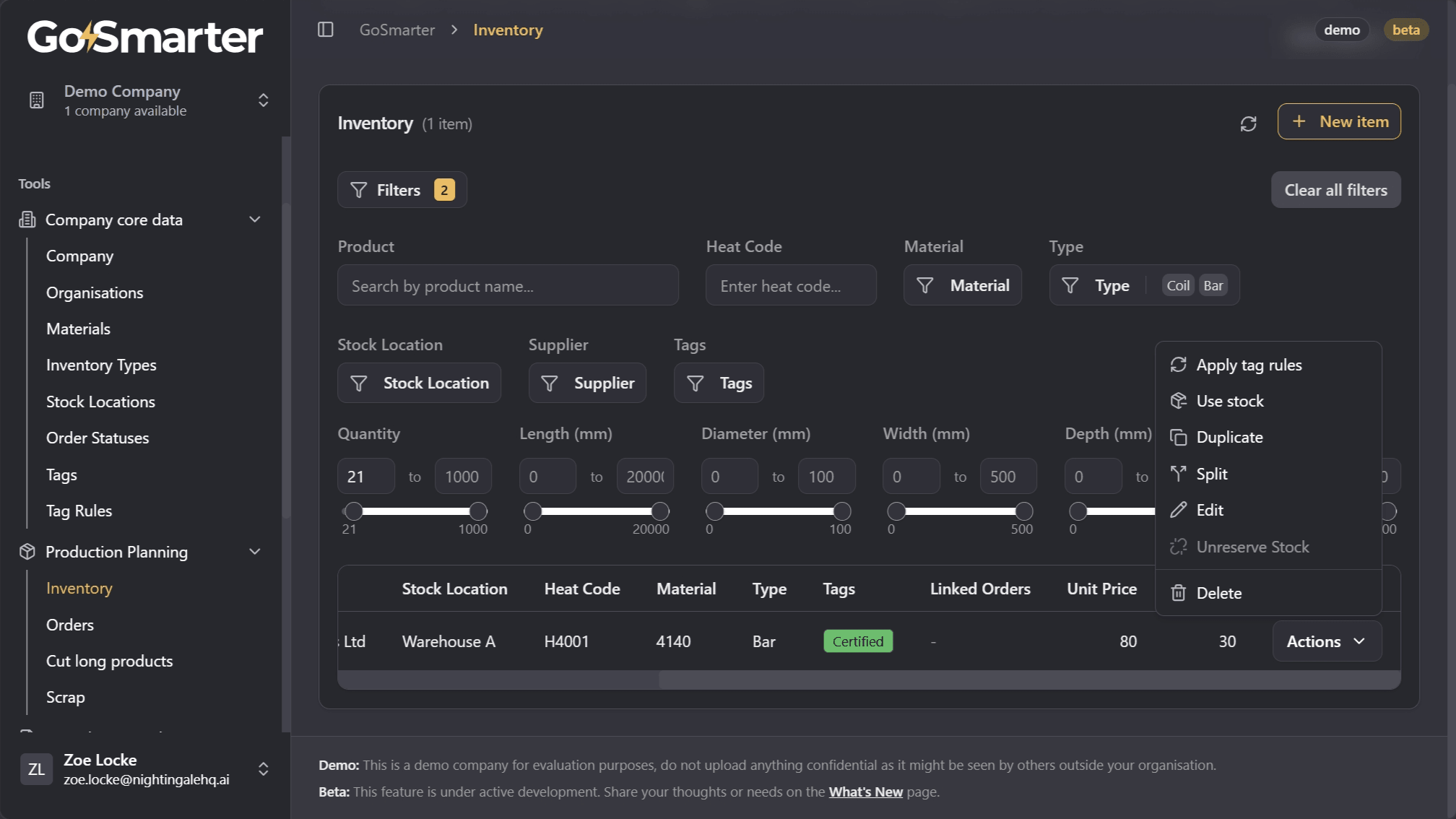 Inventory view with Actions menu option to apply tag rules