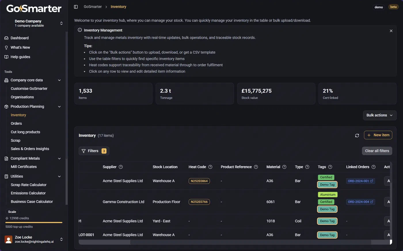 Tag Management table with a tag selected, filtering the data table to show only tagged items
