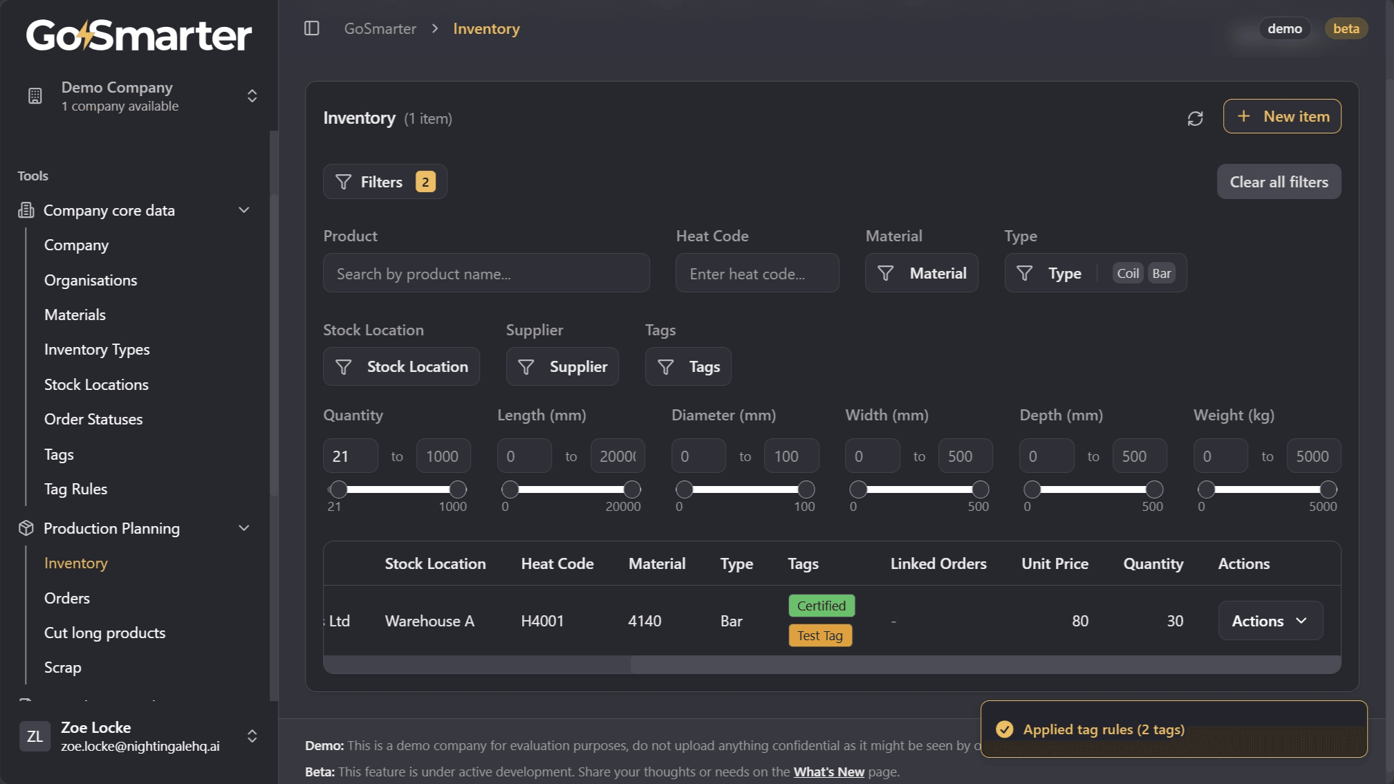 Notification showing tag rules applied in inventory