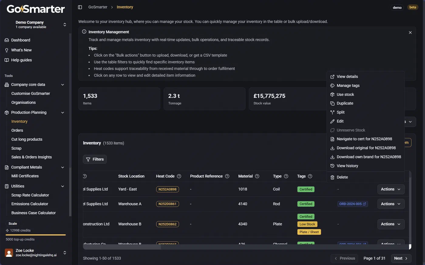 Actions dropdown for an inventory item showing the Manage Tags option