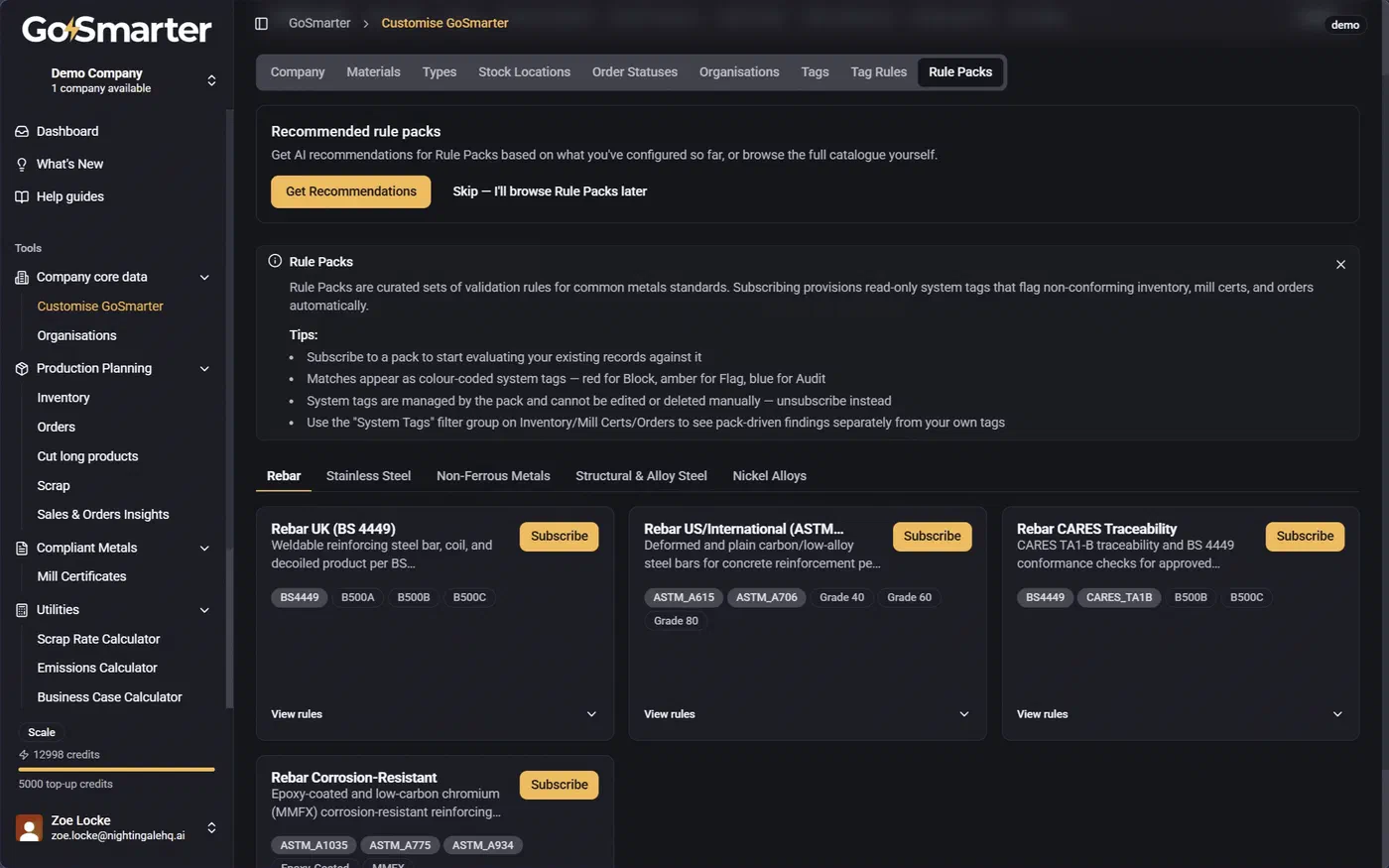 Rule Packs page with tabs for switching between different sets of rule packs
