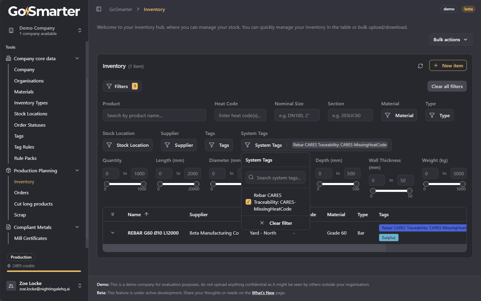 Inventory page with the System Tags filter applied to show items matching a subscribed rule pack