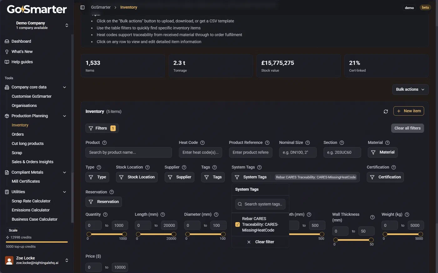 Inventory page with the System Tags filter applied to show items matching a subscribed rule pack