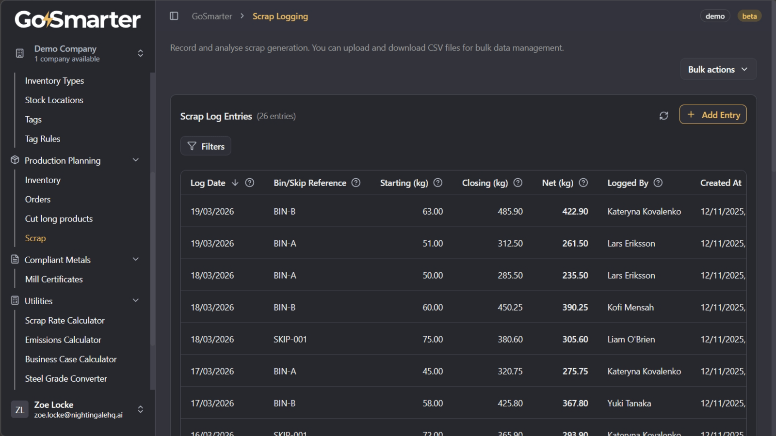Navigation to the Scrap page from the Production Planning section