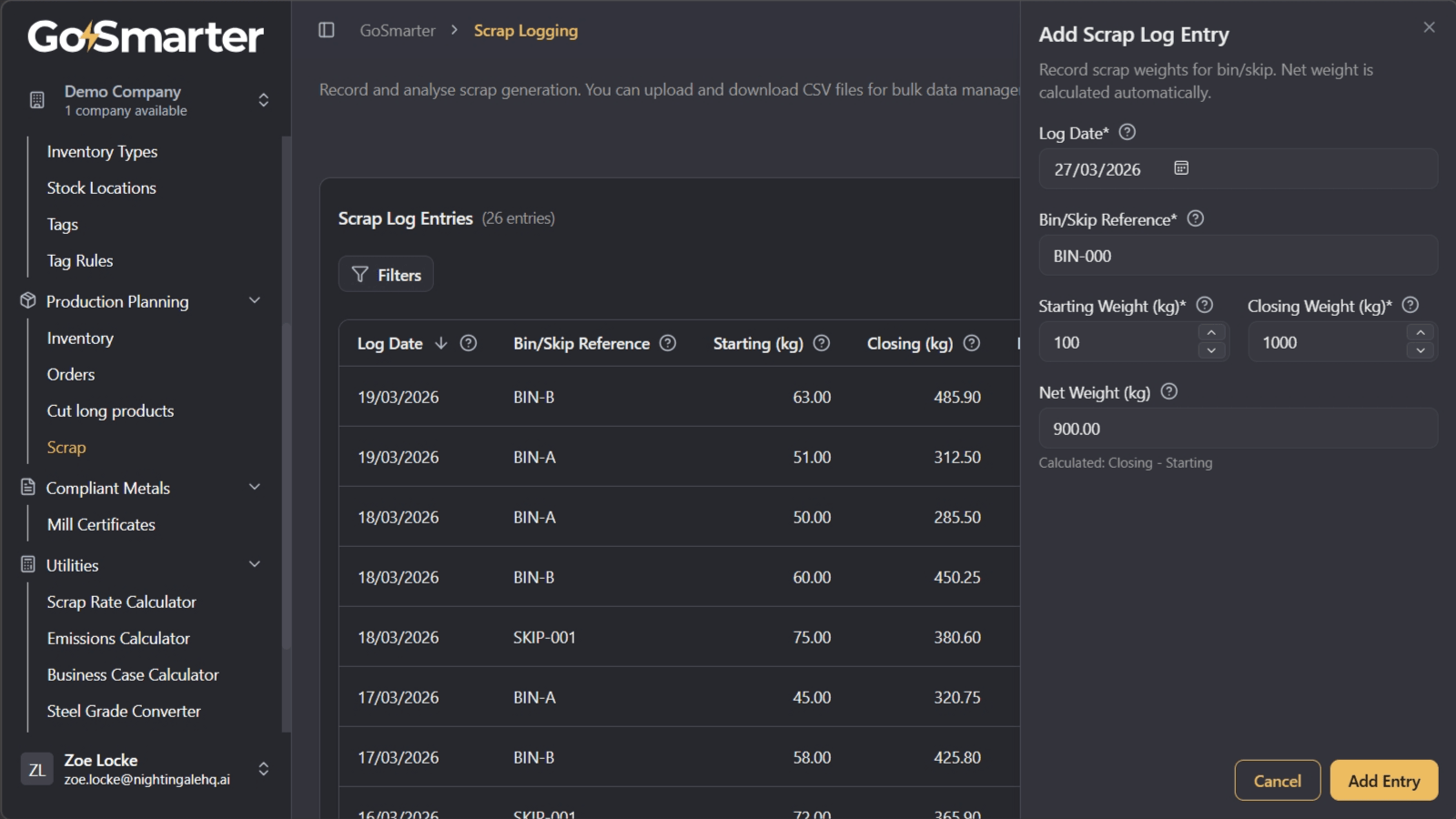 Add Entry button used to save a scrap record