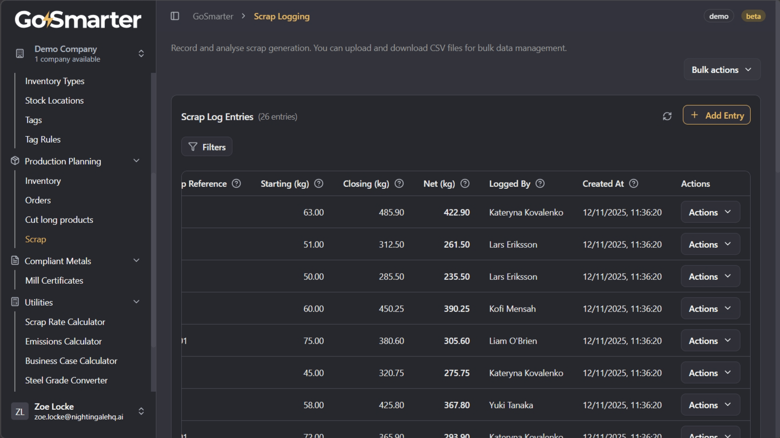 Actions button on the far right of a scrap table row