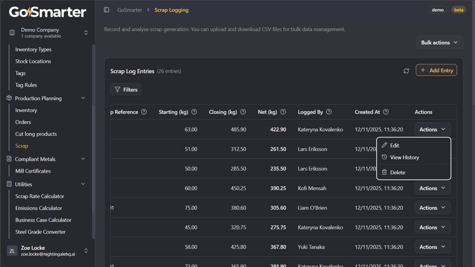 Actions menu with options to edit, view history, and delete