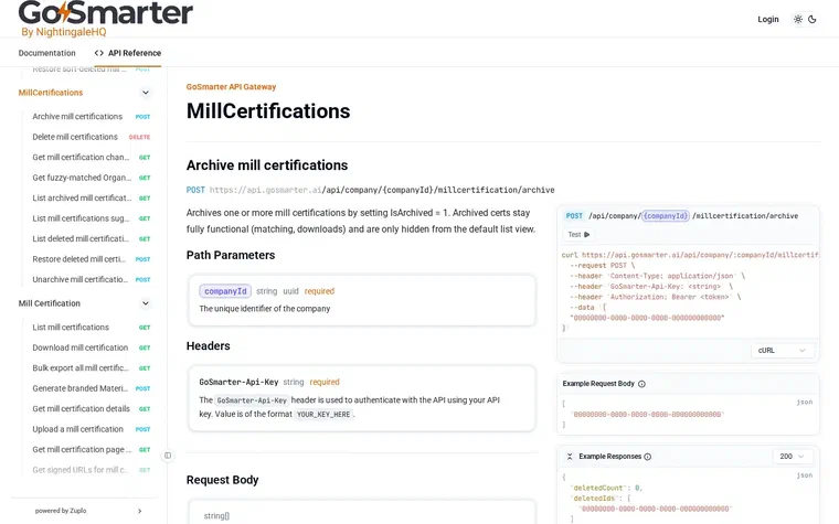 GoSmarter API Reference documentation showing the MillCertifications endpoint with path parameters, headers, and example request and response bodies