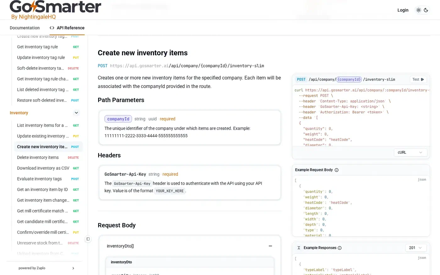 GoSmarter API Reference documentation showing the Create new inventory items endpoint with path parameters, headers, and an example request body