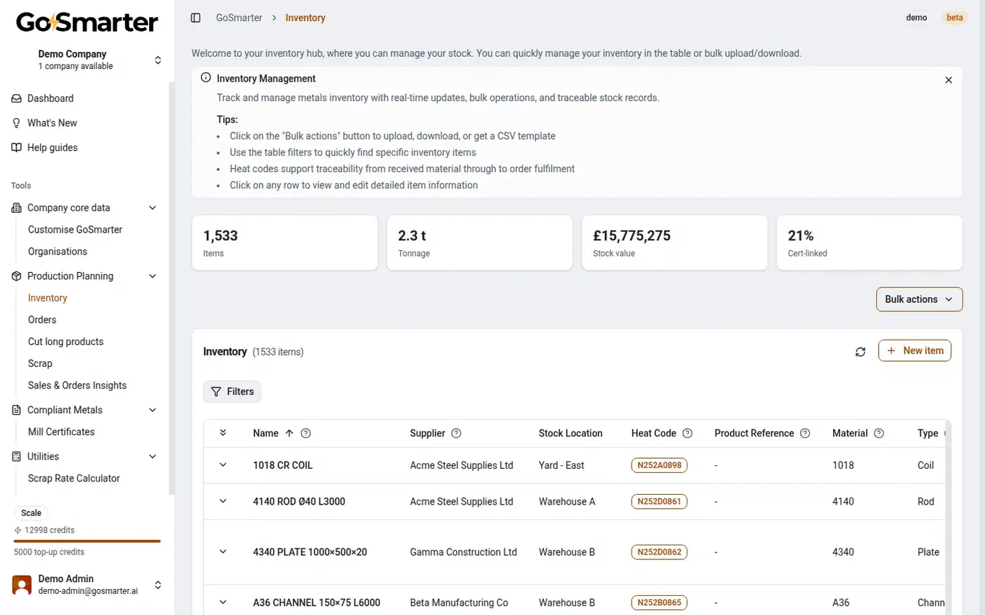 GoSmarter Inventory hub showing stock items, heat codes, and stock value with no integration set up