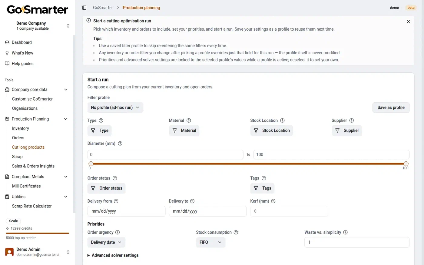 GoSmarter Cut Long Products run setup showing inventory and order filters combined into a single optimisation run